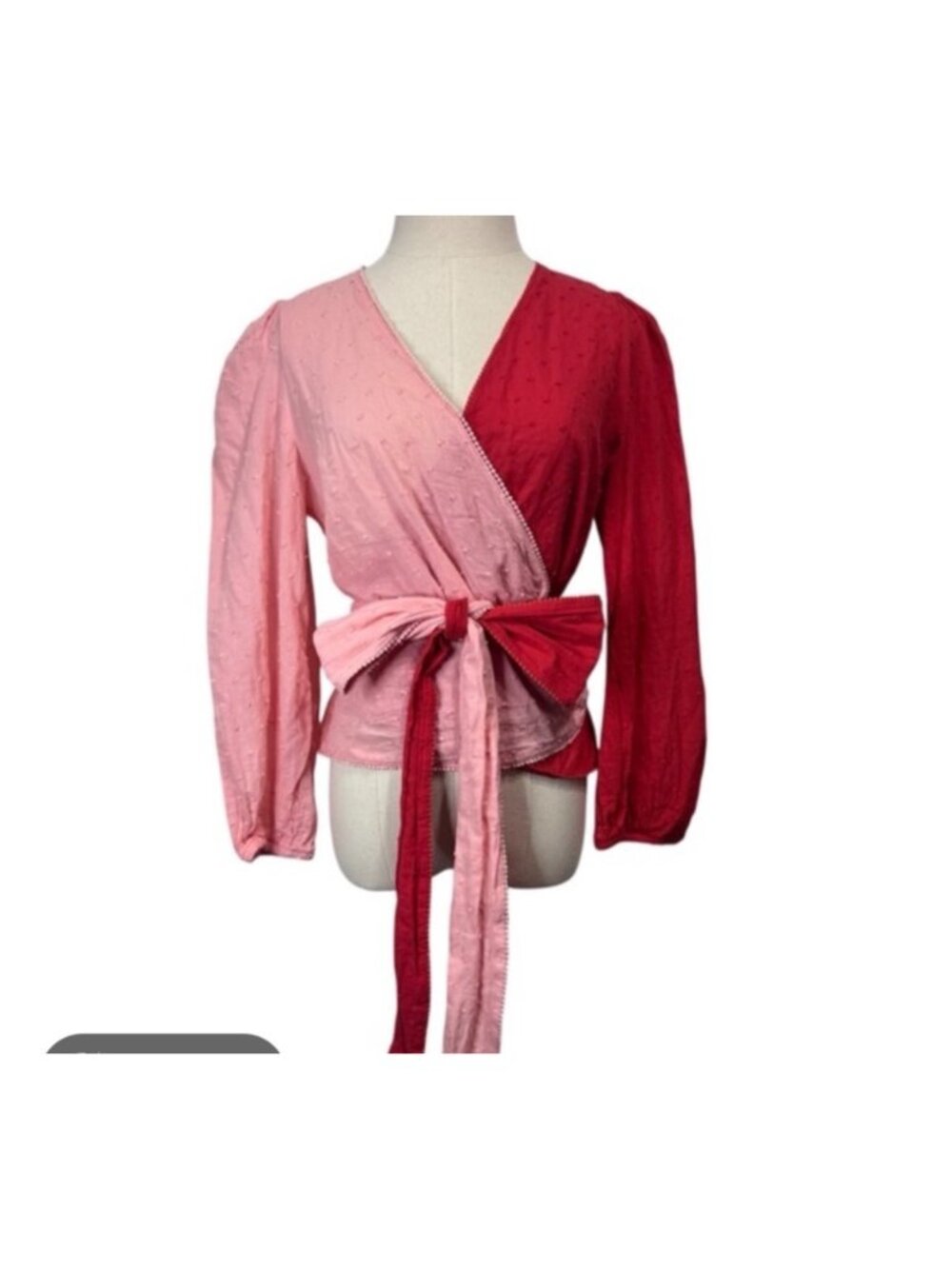 Colorblock Wrap Blouse With Puff Sleeves & Textured Dotted Fabric Pink & Red Tie - Picture 4 of 13